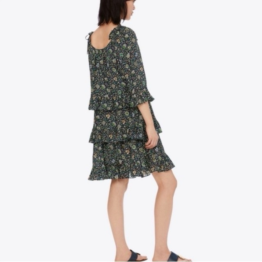 Tory Burch 100% Silk Printed Shift Dress with Ruffles | Elbow Length Sleeves - Picture 2 of 14